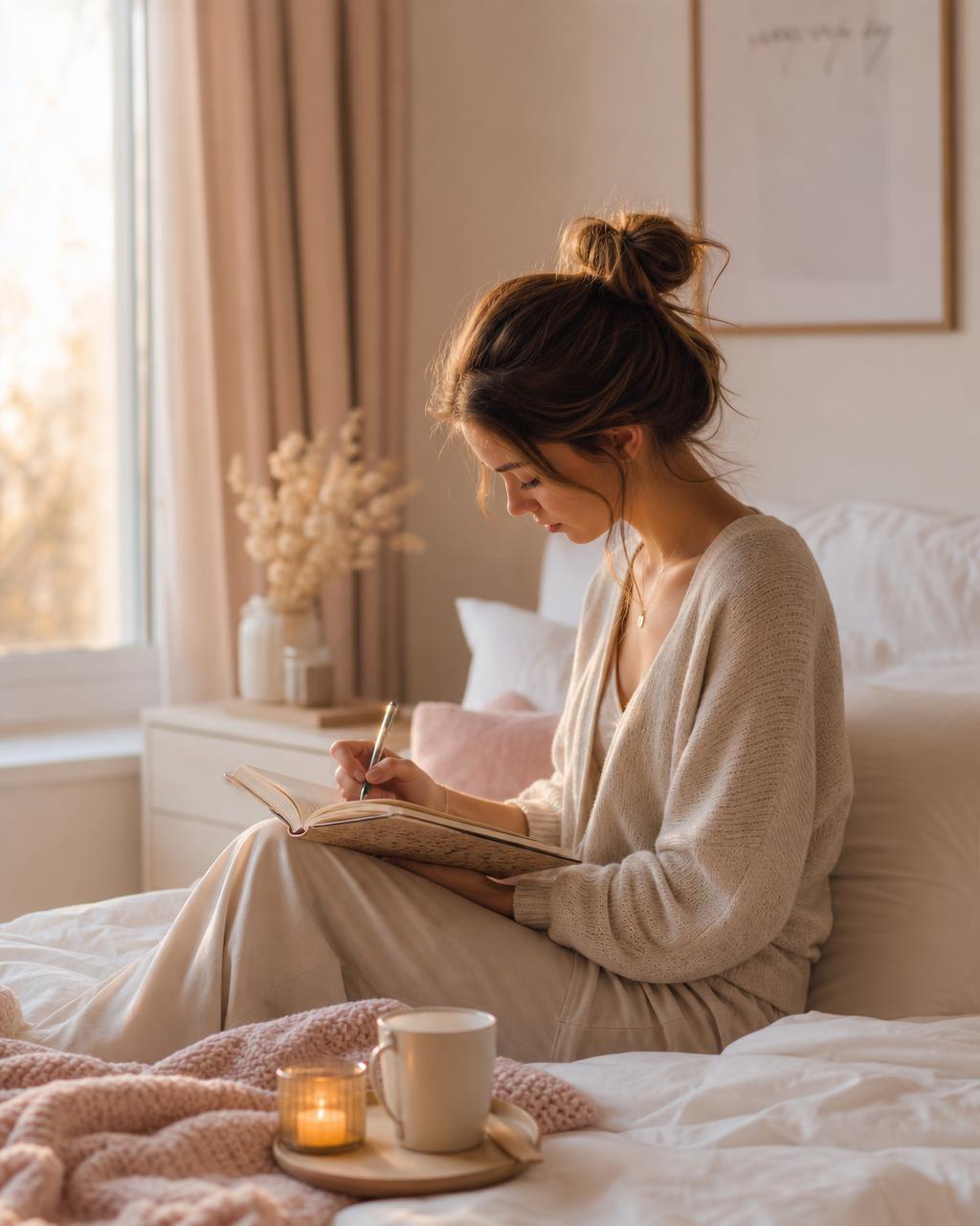 Vrouw die rustig in haar journal schrijft in ochtendlicht